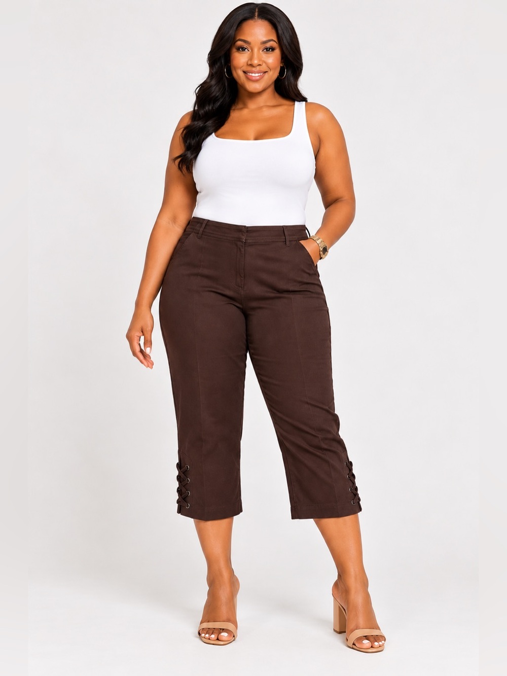 Cache Dark Brown Cropped Ponte Capris with Lace-Up Hem